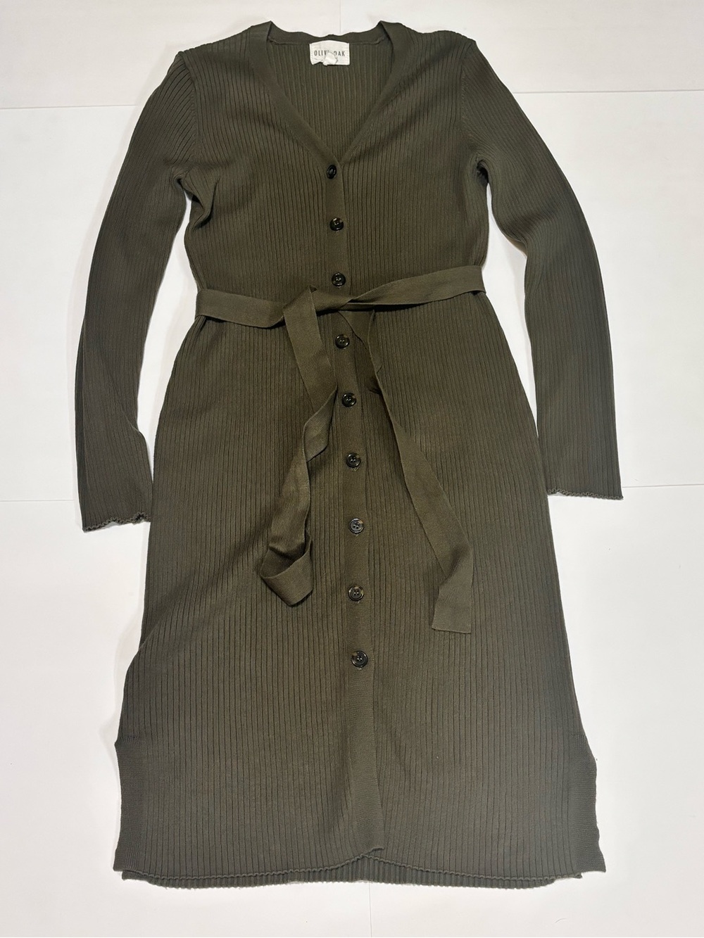 Olive + Oak Olive Ribbed Button-Front Midi Dress with Tie Waist